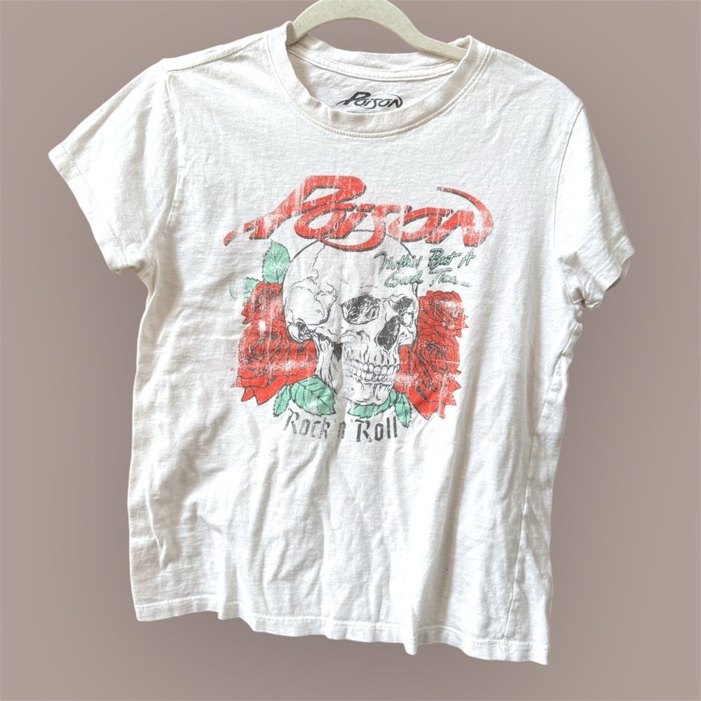 Poison band tee  White Graphic T-Shirt with Red and Green Design and skull